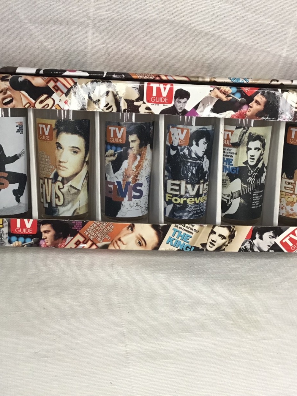 NEW 6 Elvis Presley “TV Guide” Themed Shooters. In Original Box.